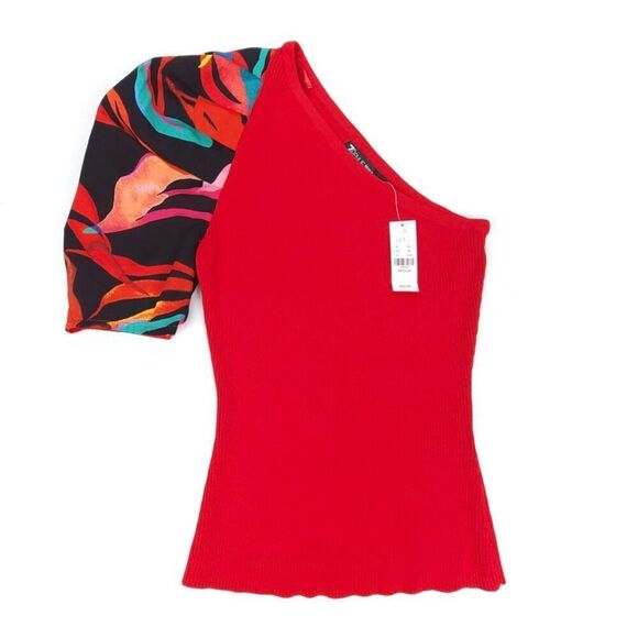 NWT NY&CO One Shoulder Asymmetric Ribbed Knit Puff Sleeve Top Medium Resort Red - Picture 1 of 7